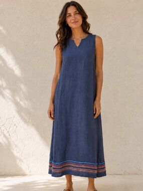 Parisian Works 100% Linen Indigo Midi Dress 1X Eclectic Striped Hem Sleeveless
